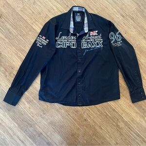 Cipo & Baxx Black Button Down embroidered Shirt, L